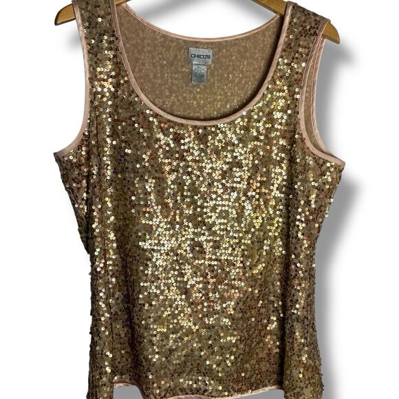 Chico's Tank Women's Size 3 (XL) Rose Gold Glam Sequined Mesh Scoop Neck - Picture 1 of 5